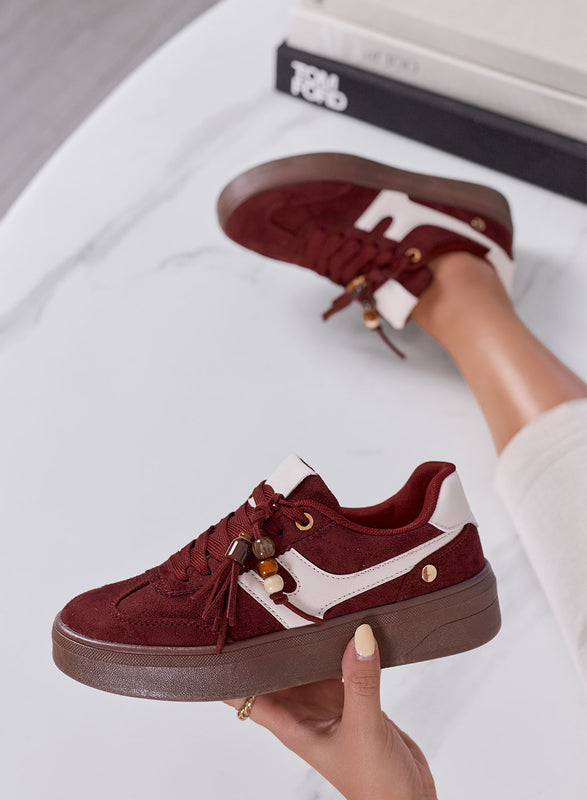 NASTIA - Sneakers Donna bordeaux Scamosciate con Nappine e Perline
