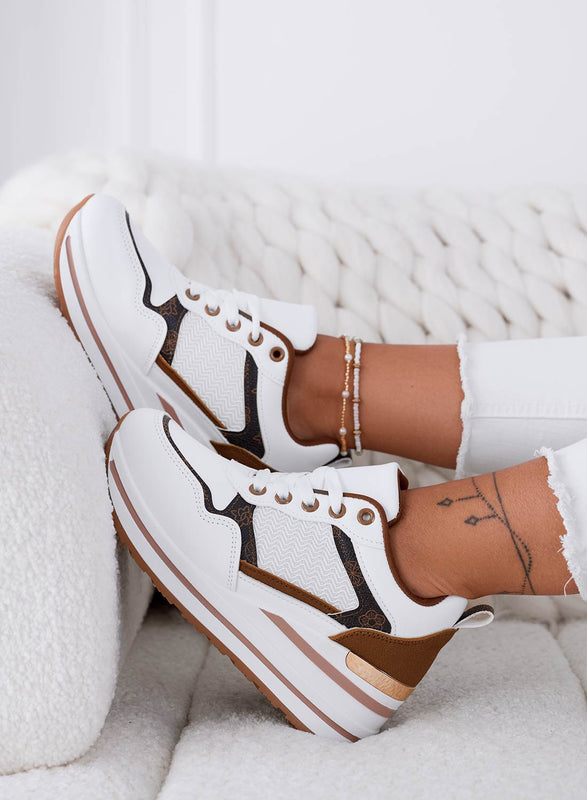 NEVIA - Sneakers bianche con inserti a fantasia marrone