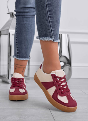 NICLA - Beige sneakers with burgundy inserts and rubber sole