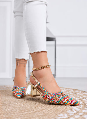 NICOLE - Multicolor pointed woven pumps with strap and wide gold heel