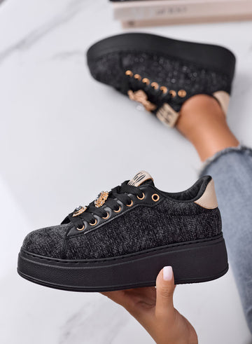 NINFA - Sneakers nere platform in tessuto laminato e applicazione gioiello