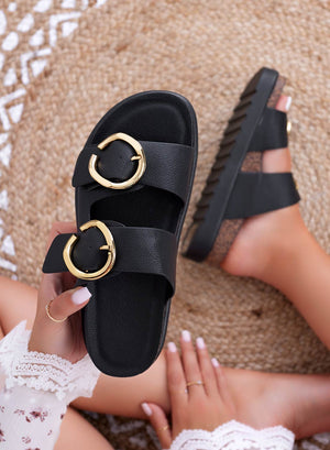 NISHA - Black slide sandals with gold buckles