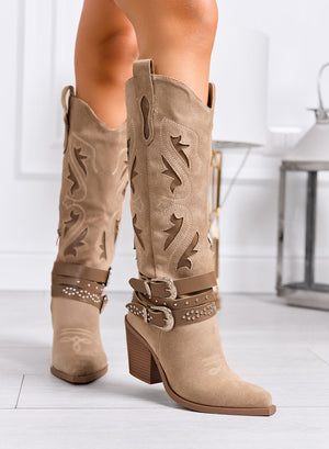 NOEMI - Mud Texan boots with matching straps and tone-on-tone embroidery