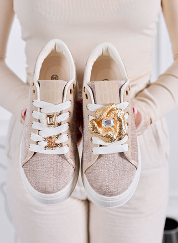 NORA - Beige Sneakers with Jewel Embellishments and Platform Sole