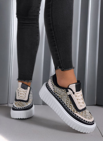 NUNZIA - Black sneakers with gold laminated fabric inserts