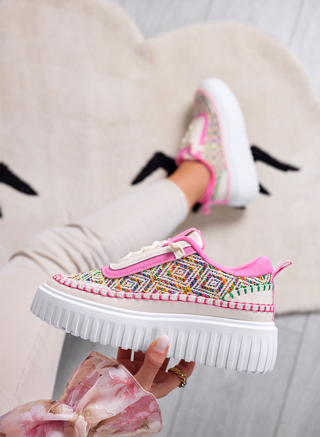 NUNZIA - Pink sneakers with multicolor fabric inserts