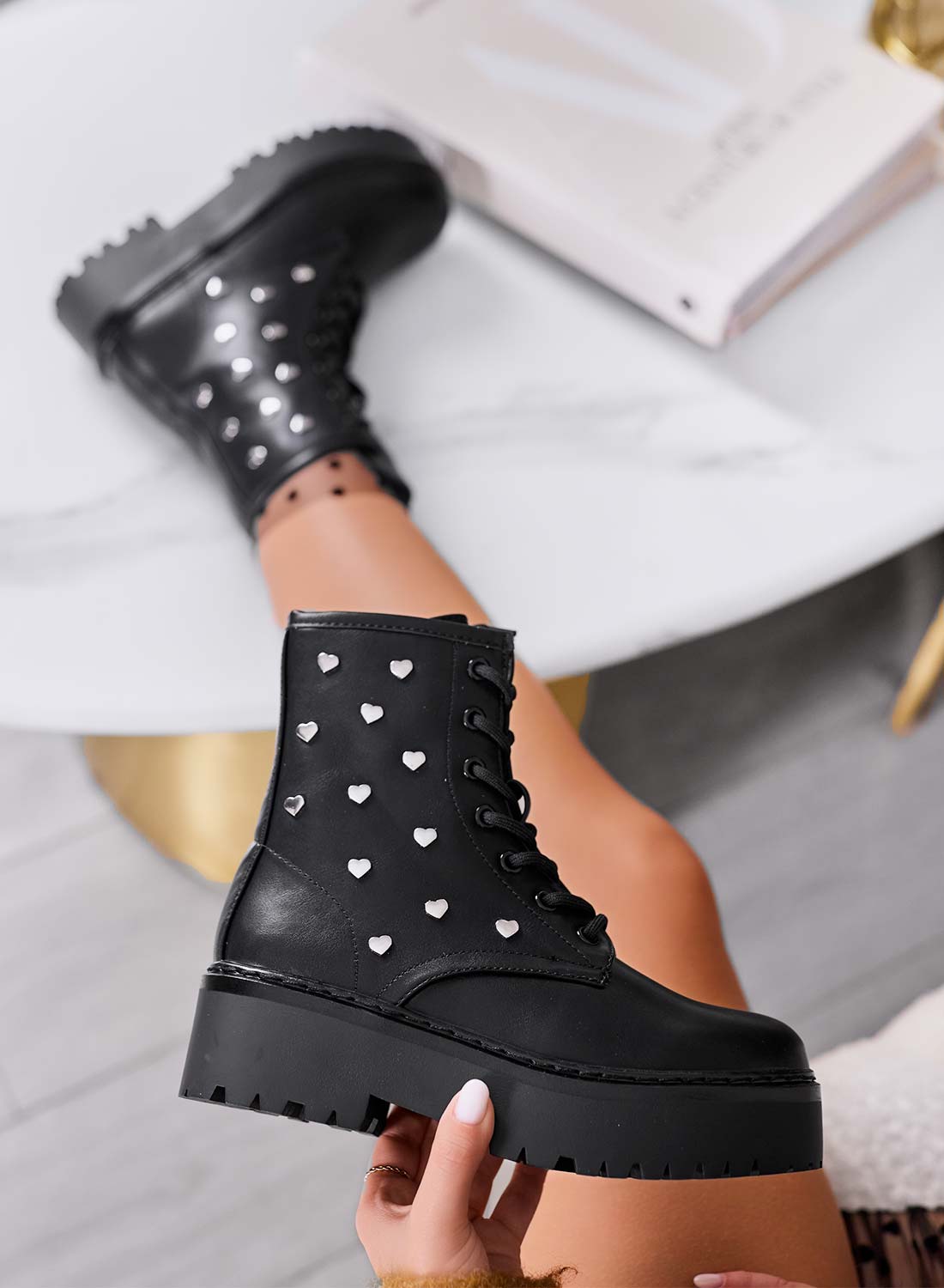 ODESSA - Black combat ankle boots by Alexoo with silver heart appliqués