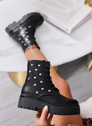 ODESSA - Black combat ankle boots by Alexoo with silver heart appliqués