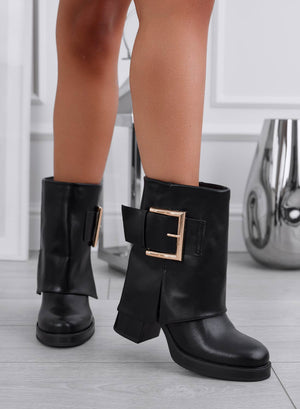 ODETTE - Black ankle boots with cuff and gold buckle