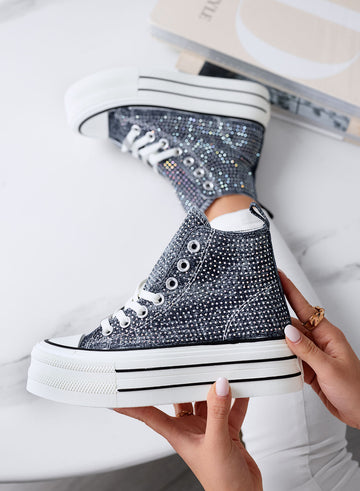 OLGA - High blue denim sneakers with rhinestones and platform sole