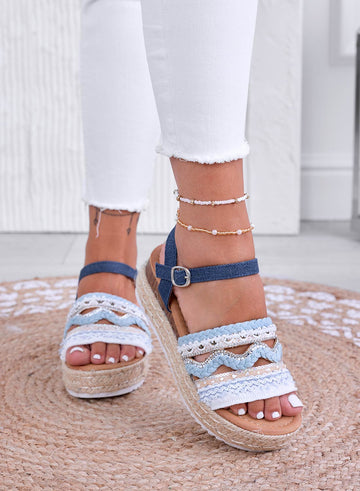 OLIVER - Blue denim wedge espadrille sandals with rhinestones