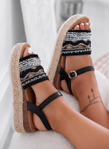OLIVER - Sandali espadrillas neri con zeppa e strass