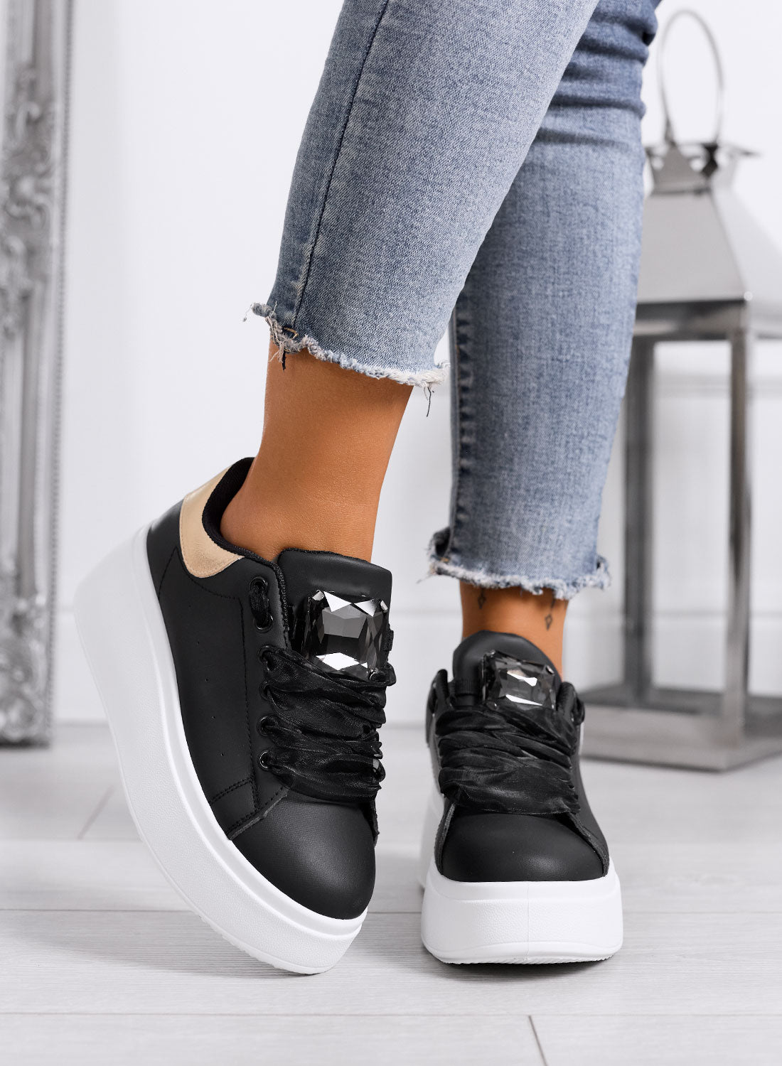 OLIVIA - Black Platform Sneakers with Jewel Detail and Gold Heel