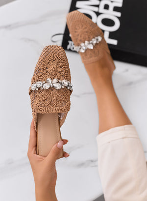 ORIETTA - Mud lace mules with rhinestones and square toe
