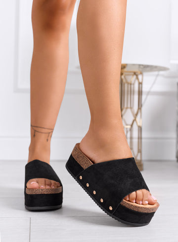 ORIO - Black platform wedge sandals with wide band and side studs