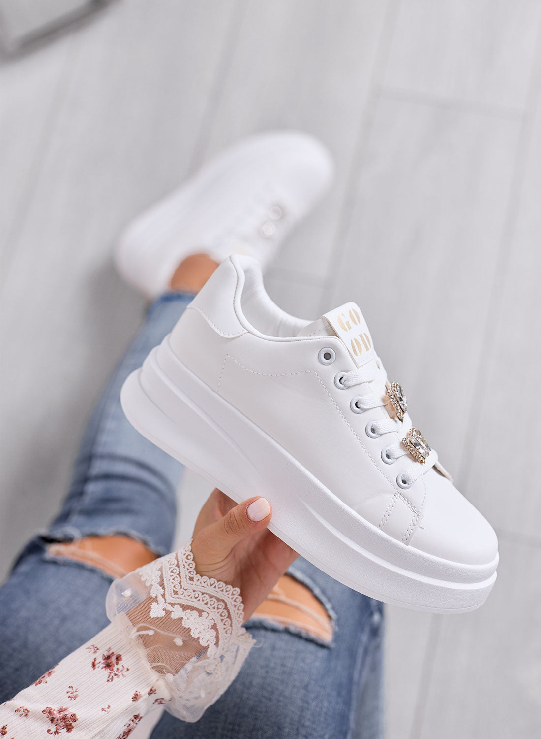 ORSINA - White sneakers with silver jewel embellishment
