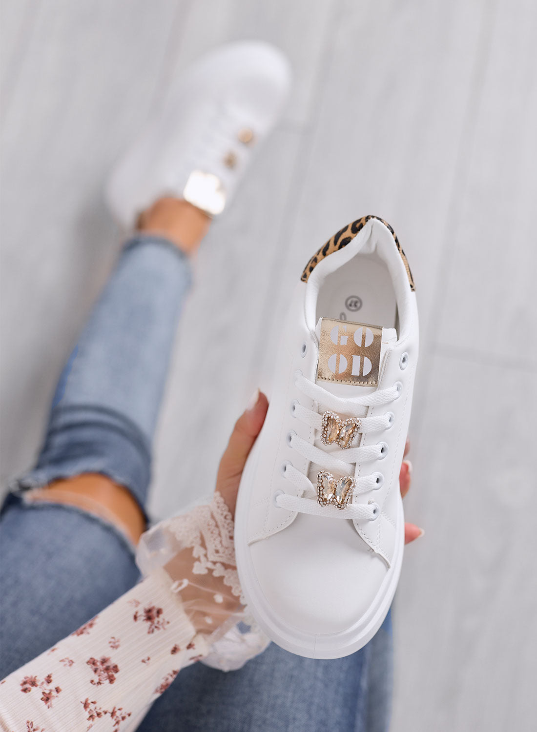 ORSINA - White sneakers with jewel appliqué and leopard-print back
