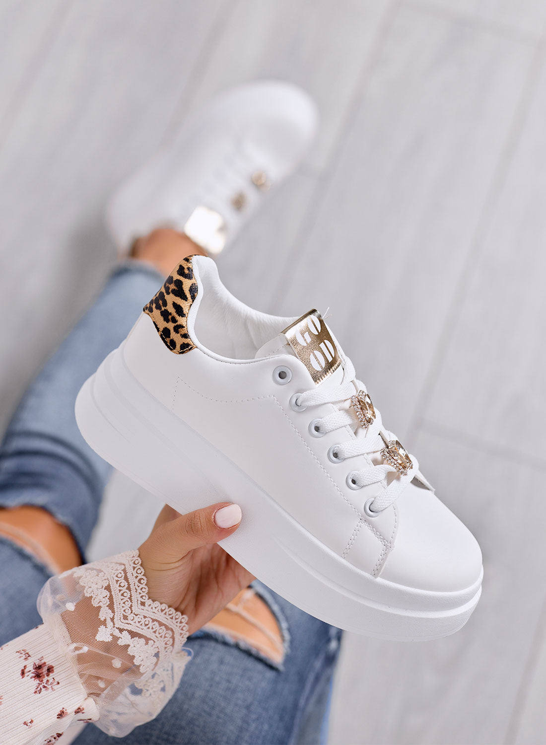 ORSINA - White sneakers with jewel appliqué and leopard-print back