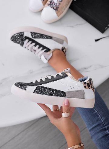 OSCAR - White sneakers with leopard print inserts and black glitter