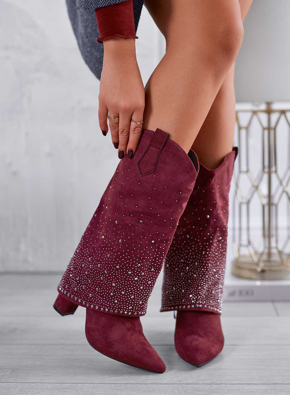 PAIGE - Stivali bordeaux camperos con strass