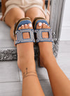 PAOLA - Sandali blu jeans bassi con strass e design geometrico a fascia
