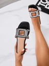 PAOLA - Sandali neri bassi con strass e design geometrico a fascia