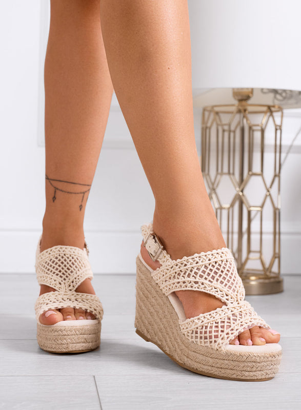 PEARL - Sandali beige con zeppa in corda e intreccio crochet