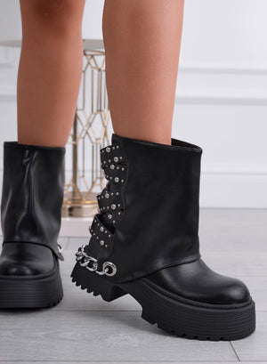 PEREZ - Black biker ankle boots with studs and chains