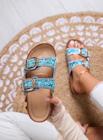 PETRA - Light blue sandals Slippers with double golden buckle and jeweled decorations