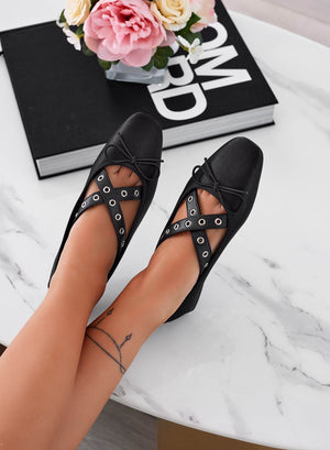 Black satin ballet flats with straps