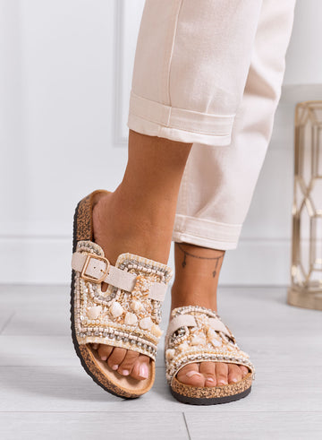 POLLY - Beige sandals and slippers with embellishments and golden buckle