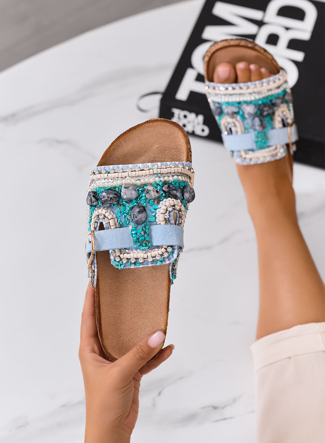 POLLY - Blue sandals and slippers with embellishments and golden buckle