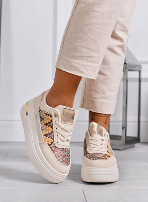 PRAGA - Beige platform sneakers with patterned fabric inserts