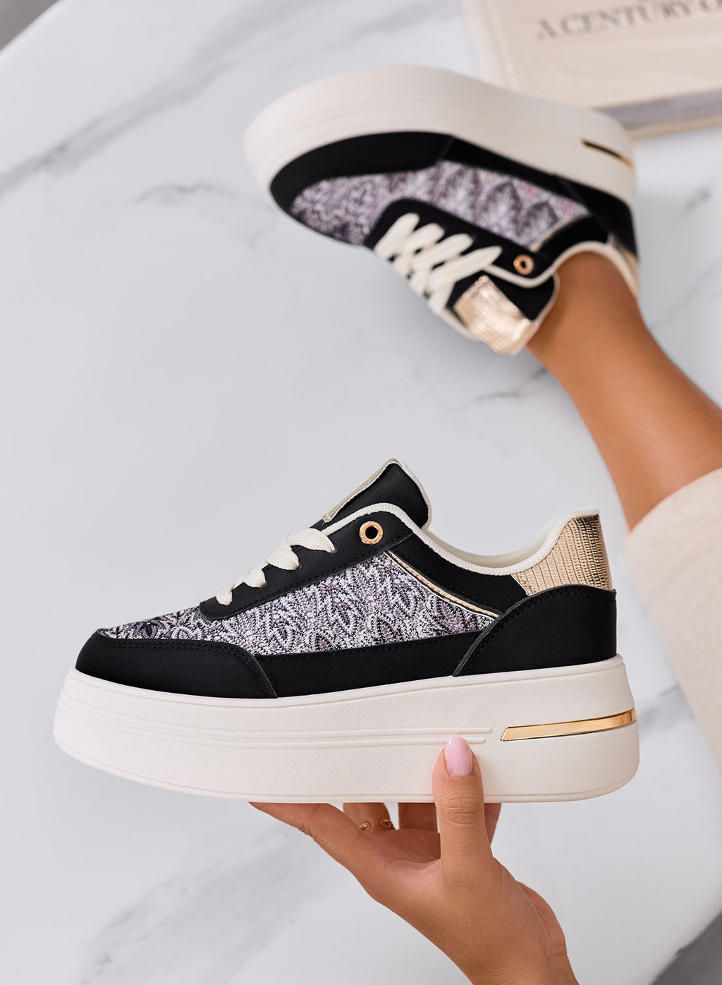 PRAGA - Sneakers nere platform con inserti in tessuto a fantasia