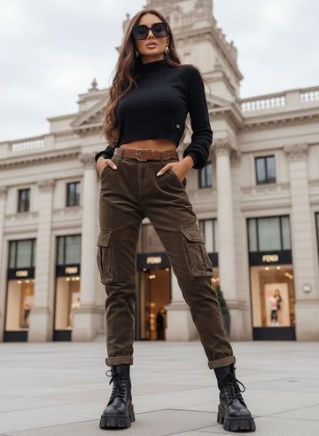 Green ribbed trousers with side pockets