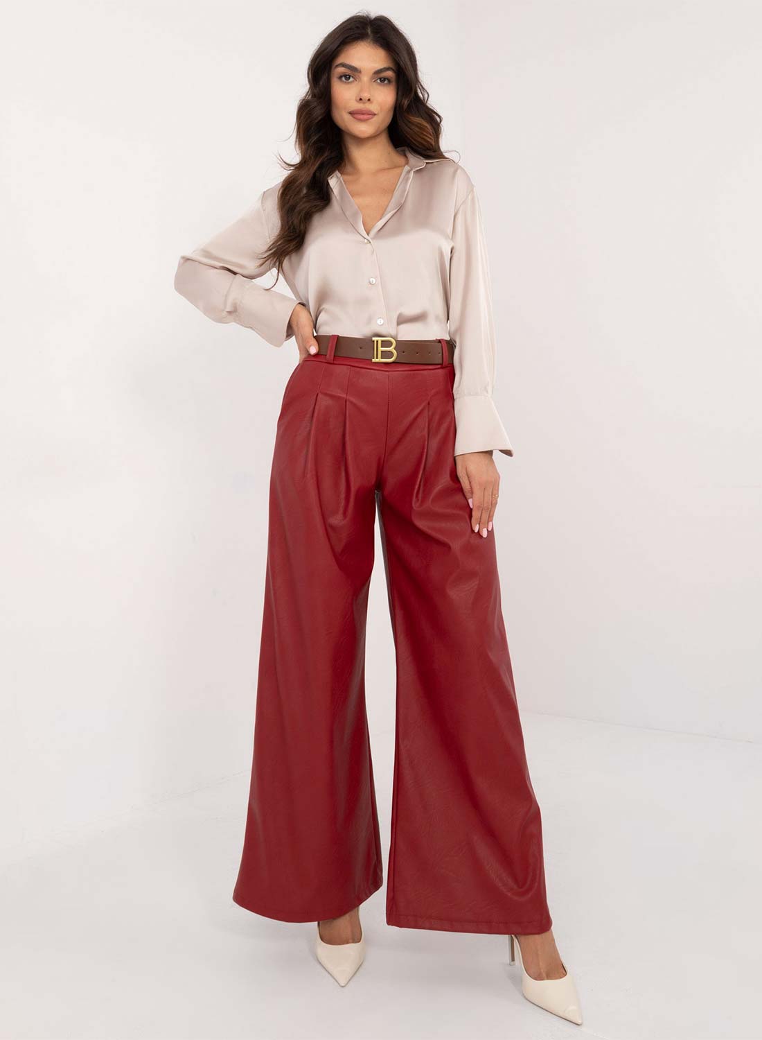 Burgundy faux leather flared trousers
