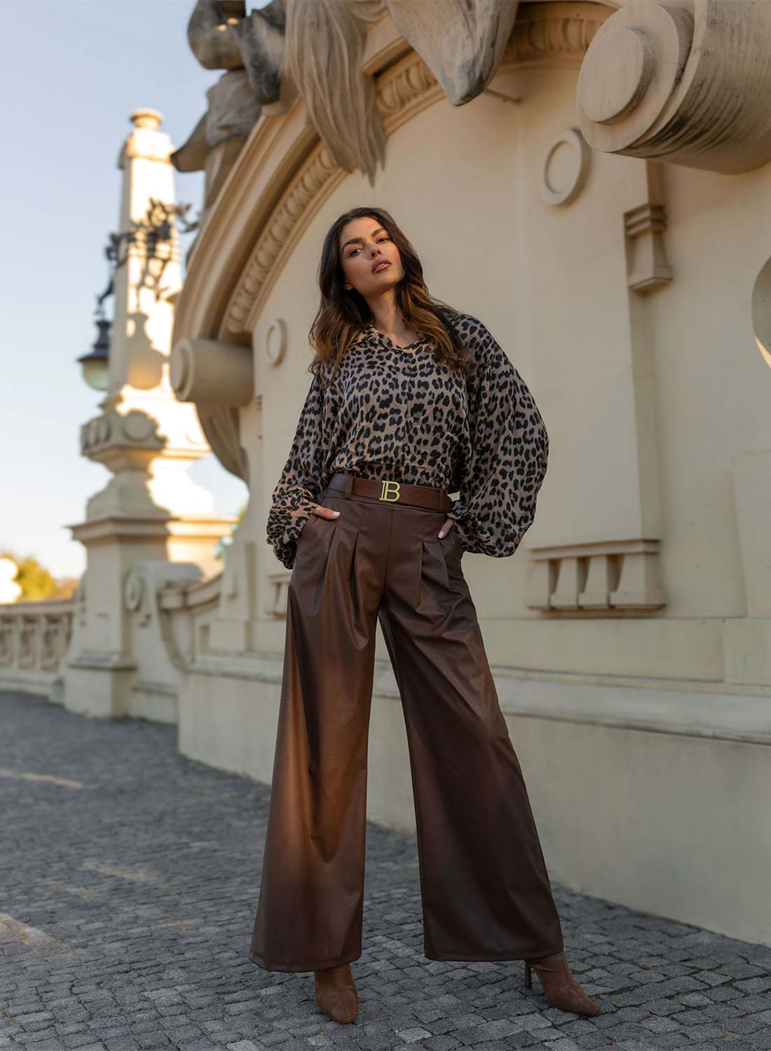 Brown faux leather flared trousers