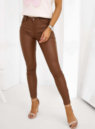 Skinny camel faux leather trousers
