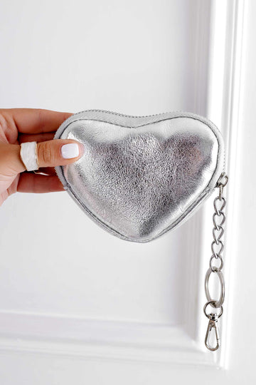 Metallic silver heart-shaped coin purse with zipper