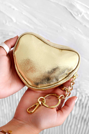 Metallic gold heart-shaped coin purse with zipper