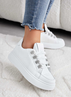 White sneakers with rhinestone inserts
