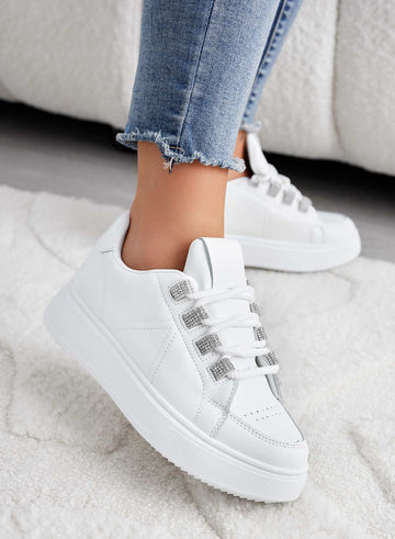White sneakers with rhinestone inserts