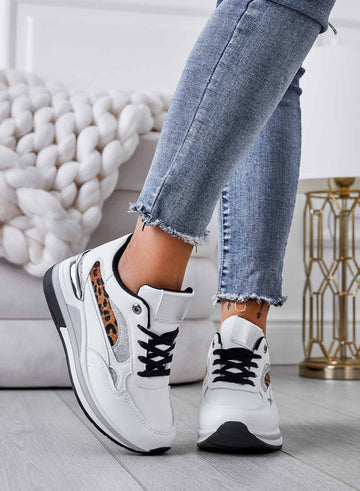 White sneakers with glitter and animal print inserts