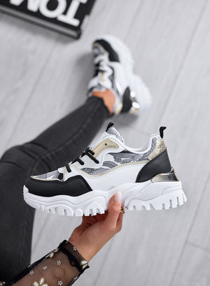 REBECCA - Black sneakers with patterned inserts and gold glitter