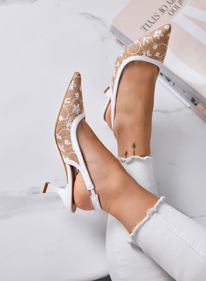 REMY - Beige pointed slingback pumps with white embroidery and low 7 cm heel