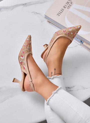 REMY - Décolleté beige slingback a punta con ricamo multicolor e tacco basso 7 cm