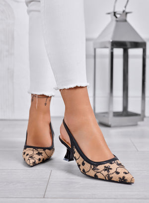 REMY - Beige pointed slingback pumps with black embroidery and low 7 cm heel