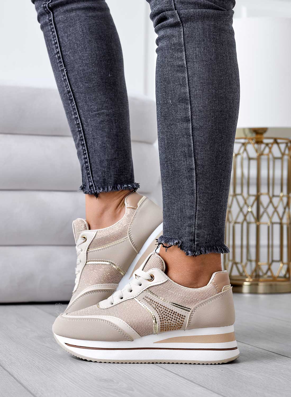 Beige sneakers with glitter inserts