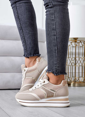 Beige sneakers with glitter inserts