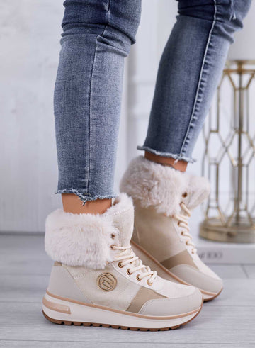 Beige wedge sneakers with faux fur trim